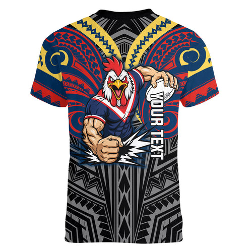 Custom Sydney Roosters Women V-Neck T-Shirt Roosters Warrior Polynesia Islander Rugby Mascot