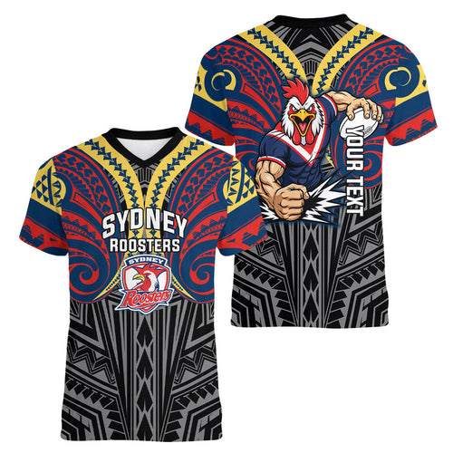 Custom Sydney Roosters Women V-Neck T-Shirt Roosters Warrior Polynesia Islander Rugby Mascot