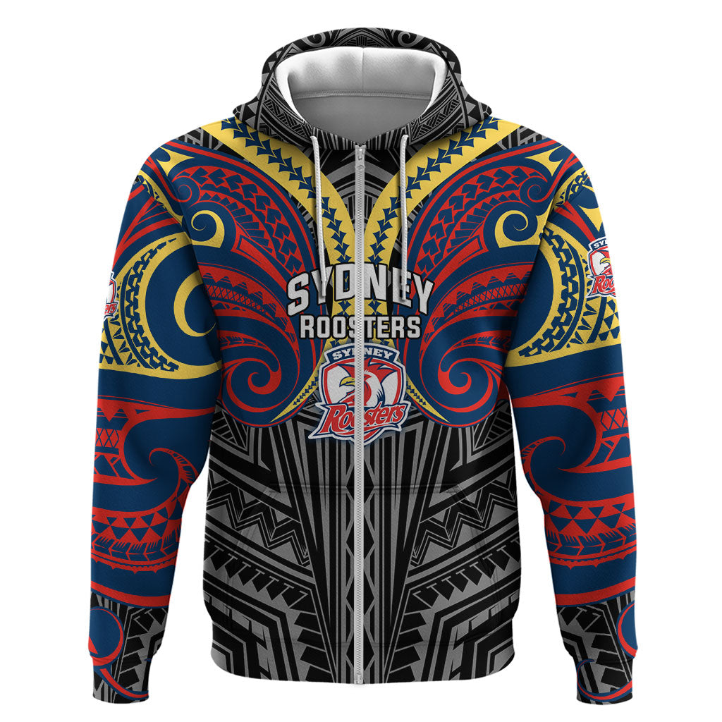 Custom Sydney Roosters Zip Hoodie Roosters Warrior Polynesia Islander Rugby Mascot