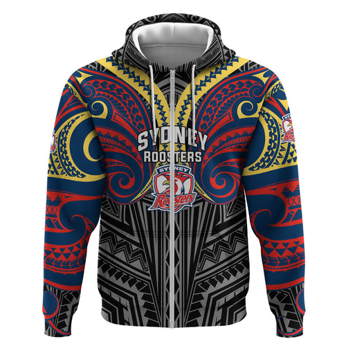 Custom Sydney Roosters Zip Hoodie Roosters Warrior Polynesia Islander Rugby Mascot