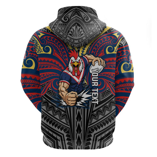 Custom Sydney Roosters Zip Hoodie Roosters Warrior Polynesia Islander Rugby Mascot