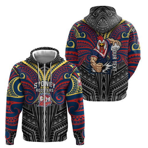 Custom Sydney Roosters Zip Hoodie Roosters Warrior Polynesia Islander Rugby Mascot