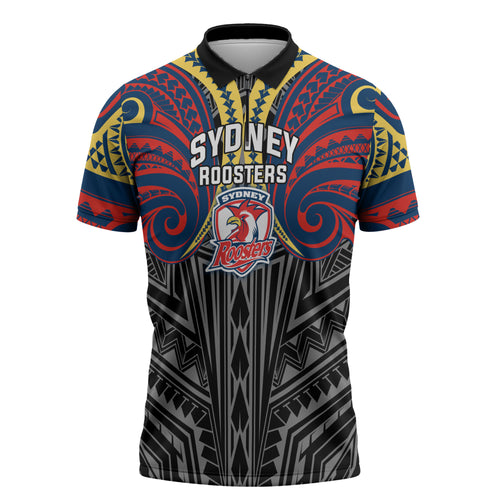 Custom Sydney Roosters Zipper Polo Shirt Roosters Warrior Polynesia Islander Rugby Mascot