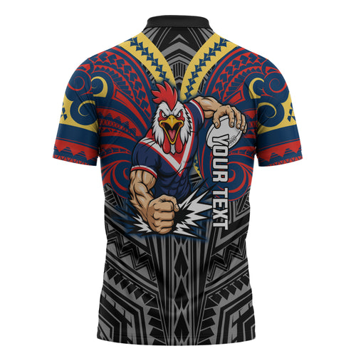 Custom Sydney Roosters Zipper Polo Shirt Roosters Warrior Polynesia Islander Rugby Mascot