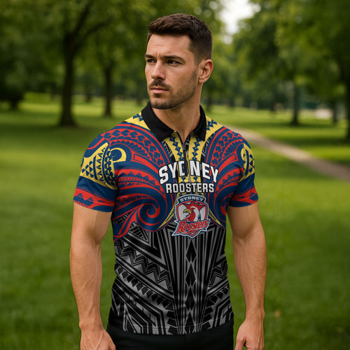 Custom Sydney Roosters Zipper Polo Shirt Roosters Warrior Polynesia Islander Rugby Mascot
