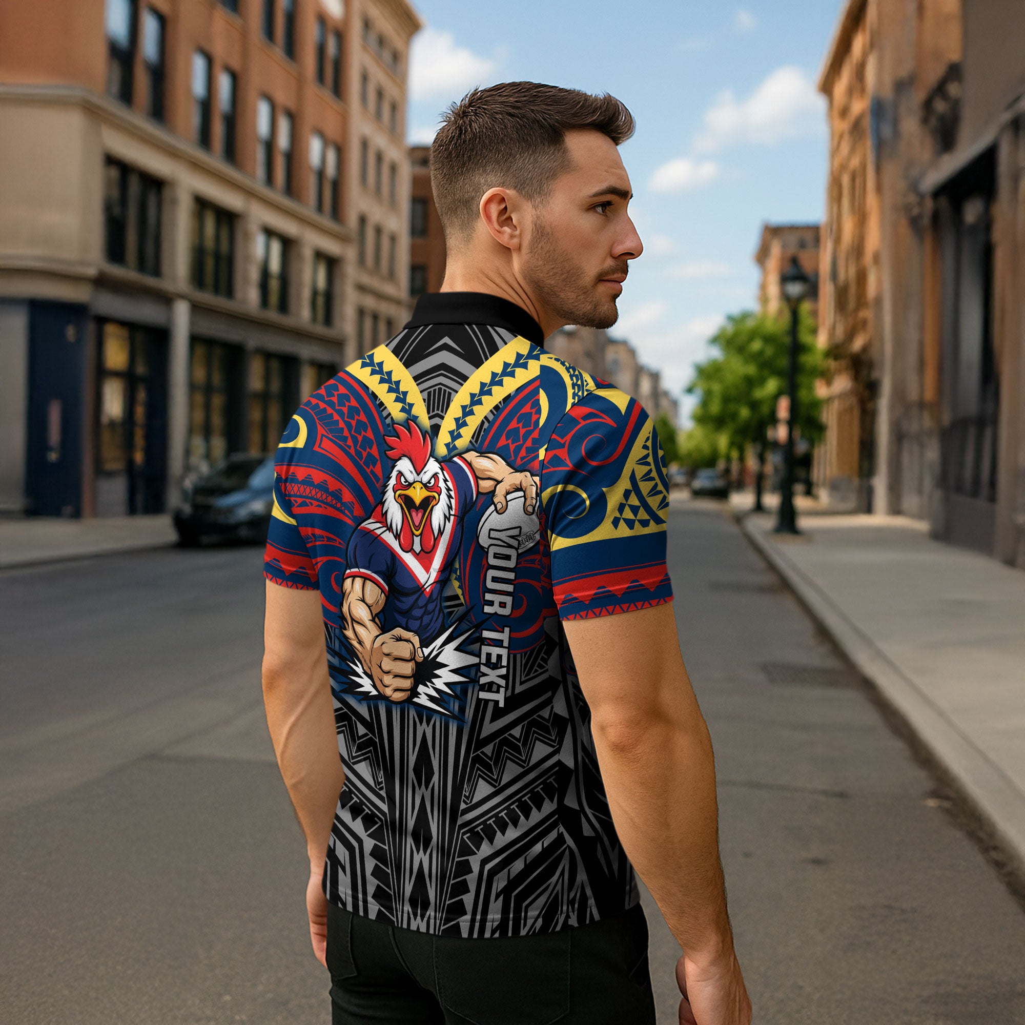 Custom Sydney Roosters Zipper Polo Shirt Roosters Warrior Polynesia Islander Rugby Mascot