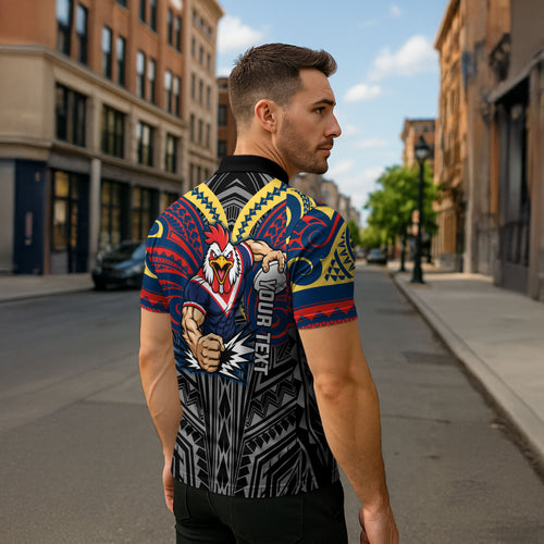 Custom Sydney Roosters Zipper Polo Shirt Roosters Warrior Polynesia Islander Rugby Mascot
