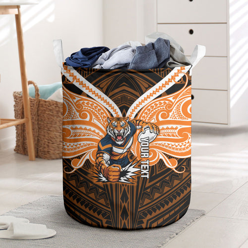 Custom Wests Tigers Laundry Basket TigerWarrior Polynesia Islander Rugby Mascot