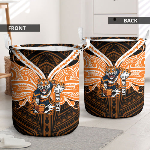 Custom Wests Tigers Laundry Basket TigerWarrior Polynesia Islander Rugby Mascot