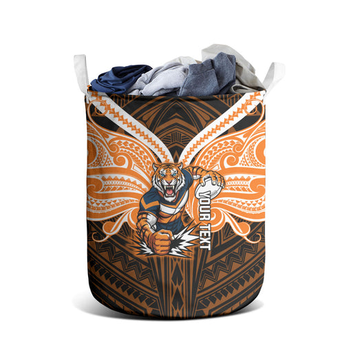 Custom Wests Tigers Laundry Basket TigerWarrior Polynesia Islander Rugby Mascot