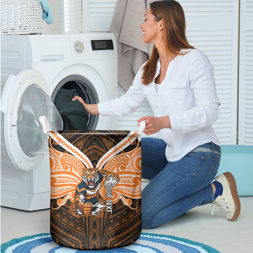 Custom Wests Tigers Laundry Basket TigerWarrior Polynesia Islander Rugby Mascot