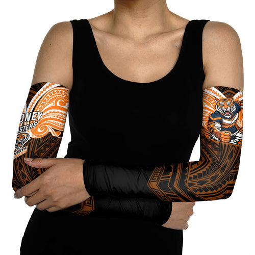 Custom Wests Tigers Arm Sleeves TigerWarrior Polynesia Islander Rugby Mascot