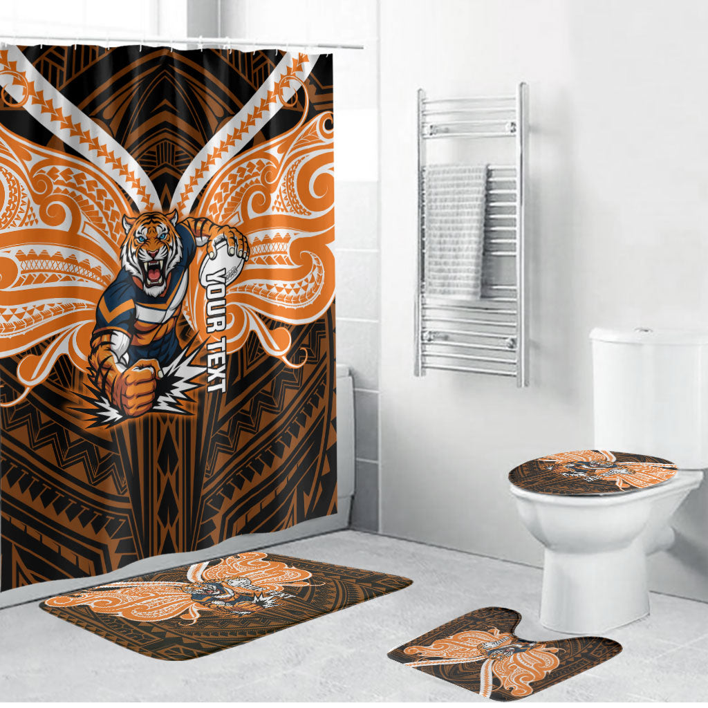 Custom Wests Tigers Bathroom Set TigerWarrior Polynesia Islander Rugby Mascot