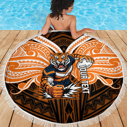 Custom Wests Tigers Beach Blanket TigerWarrior Polynesia Islander Rugby Mascot