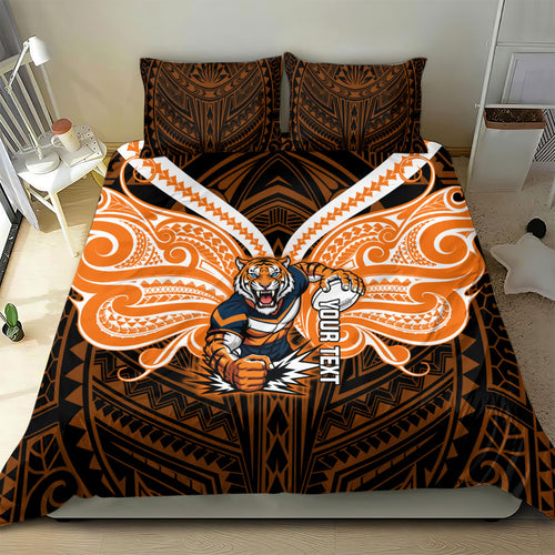 Custom Wests Tigers Bedding Set TigerWarrior Polynesia Islander Rugby Mascot