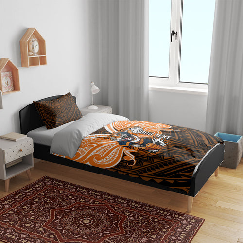 Custom Wests Tigers Bedding Set TigerWarrior Polynesia Islander Rugby Mascot