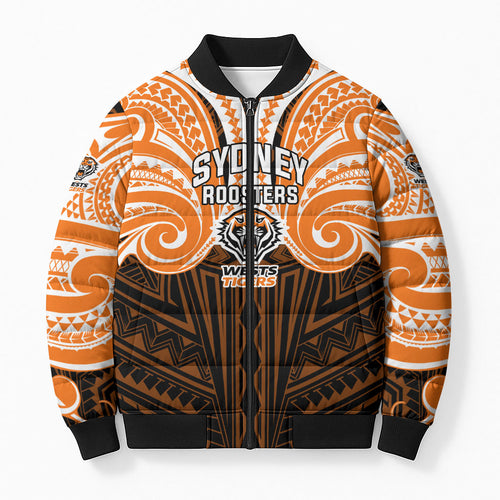 Custom Wests Tigers Bomber Puffer Jacket TigerWarrior Polynesia Islander Rugby Mascot