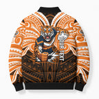 Custom Wests Tigers Bomber Puffer Jacket TigerWarrior Polynesia Islander Rugby Mascot