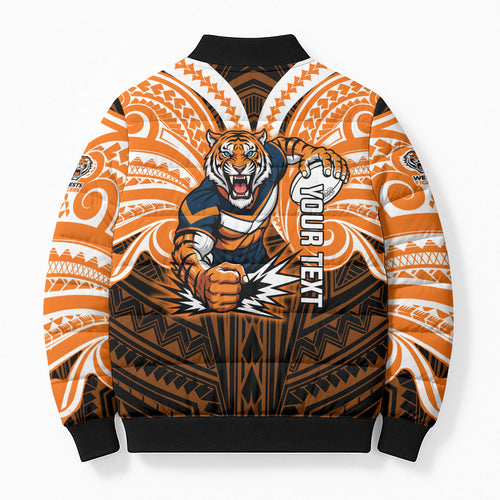 Custom Wests Tigers Bomber Puffer Jacket TigerWarrior Polynesia Islander Rugby Mascot