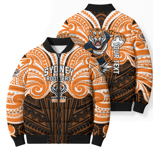 Custom Wests Tigers Bomber Puffer Jacket TigerWarrior Polynesia Islander Rugby Mascot