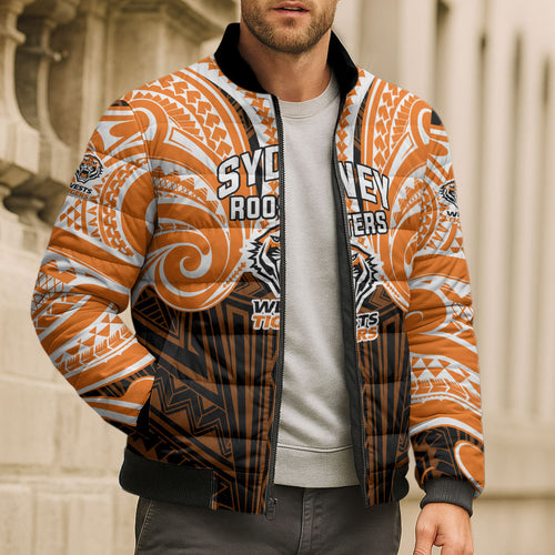 Custom Wests Tigers Bomber Puffer Jacket TigerWarrior Polynesia Islander Rugby Mascot