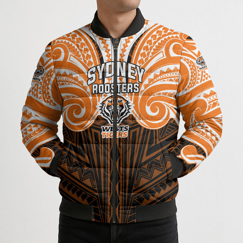 Custom Wests Tigers Bomber Puffer Jacket TigerWarrior Polynesia Islander Rugby Mascot