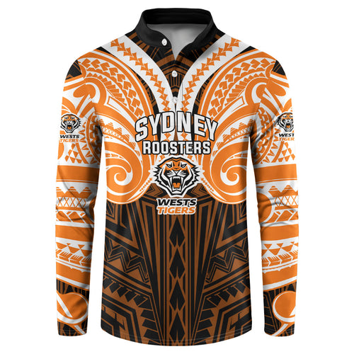 Custom Wests Tigers Button Sweatshirt TigerWarrior Polynesia Islander Rugby Mascot