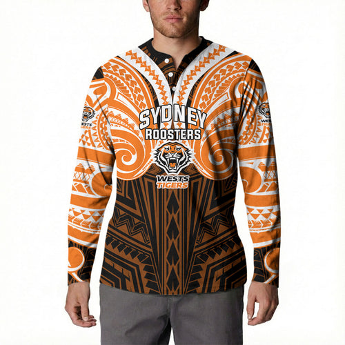 Custom Wests Tigers Button Sweatshirt TigerWarrior Polynesia Islander Rugby Mascot