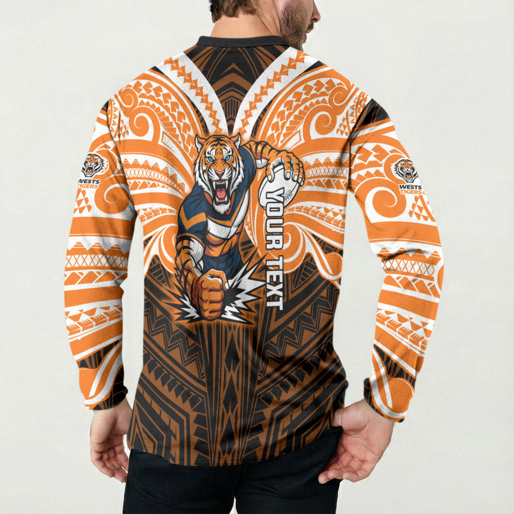 Custom Wests Tigers Button Sweatshirt TigerWarrior Polynesia Islander Rugby Mascot