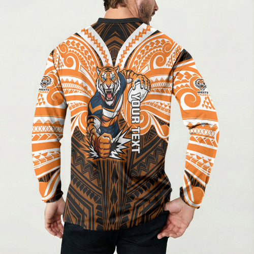 Custom Wests Tigers Button Sweatshirt TigerWarrior Polynesia Islander Rugby Mascot