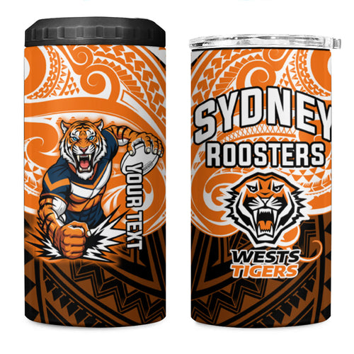 Custom Wests Tigers 4 in 1 Can Cooler Tumbler TigerWarrior Polynesia Islander Rugby Mascot
