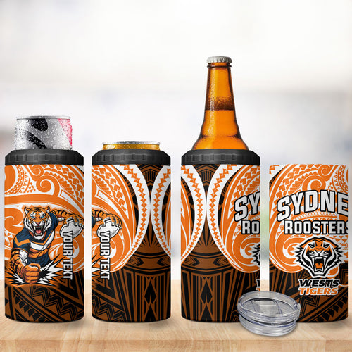 Custom Wests Tigers 4 in 1 Can Cooler Tumbler TigerWarrior Polynesia Islander Rugby Mascot