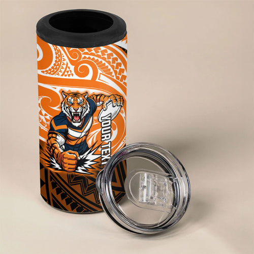 Custom Wests Tigers 4 in 1 Can Cooler Tumbler TigerWarrior Polynesia Islander Rugby Mascot
