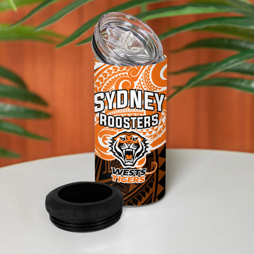 Custom Wests Tigers 4 in 1 Can Cooler Tumbler TigerWarrior Polynesia Islander Rugby Mascot