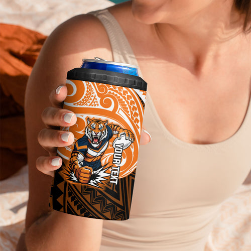 Custom Wests Tigers 4 in 1 Can Cooler Tumbler TigerWarrior Polynesia Islander Rugby Mascot