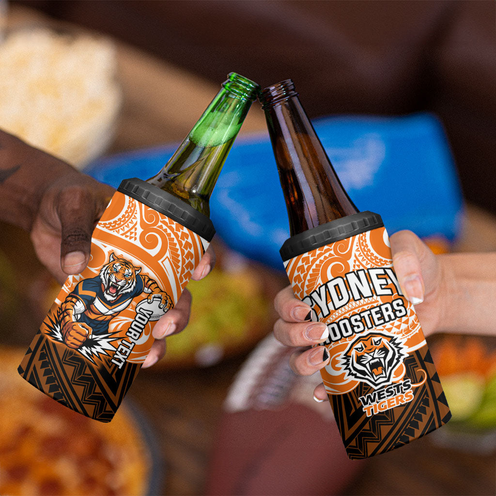 Custom Wests Tigers 4 in 1 Can Cooler Tumbler TigerWarrior Polynesia Islander Rugby Mascot