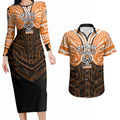 Custom Wests Tigers Couples Matching Long Sleeve Bodycon Dress and Hawaiian Shirt TigerWarrior Polynesia Islander Rugby Mascot