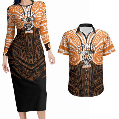 Custom Wests Tigers Couples Matching Long Sleeve Bodycon Dress and Hawaiian Shirt TigerWarrior Polynesia Islander Rugby Mascot