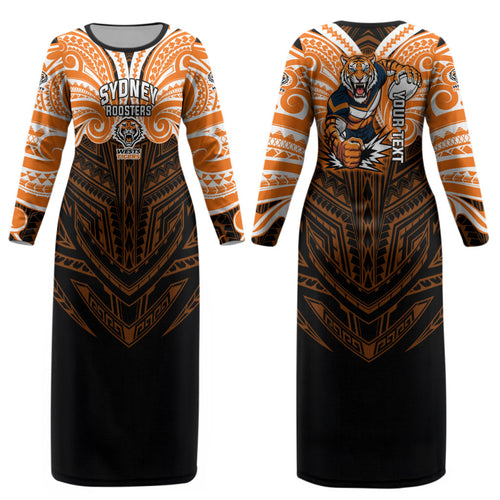 Custom Wests Tigers Couples Matching Long Sleeve Bodycon Dress and Hawaiian Shirt TigerWarrior Polynesia Islander Rugby Mascot