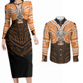 Custom Wests Tigers Couples Matching Long Sleeve Bodycon Dress and Long Sleeve Button Shirt TigerWarrior Polynesia Islander Rugby Mascot