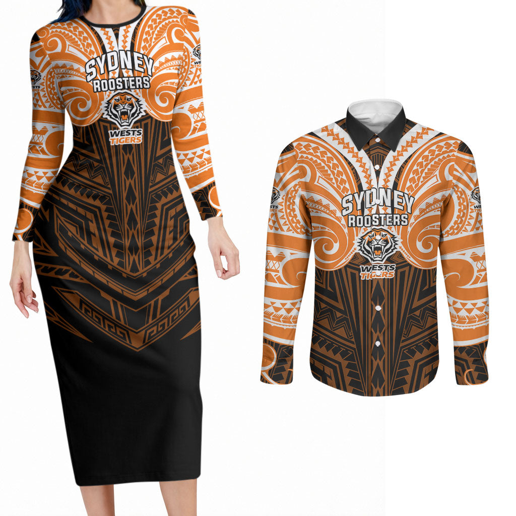Custom Wests Tigers Couples Matching Long Sleeve Bodycon Dress and Long Sleeve Button Shirt TigerWarrior Polynesia Islander Rugby Mascot