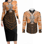 Custom Wests Tigers Couples Matching Long Sleeve Bodycon Dress and Long Sleeve Button Shirt TigerWarrior Polynesia Islander Rugby Mascot