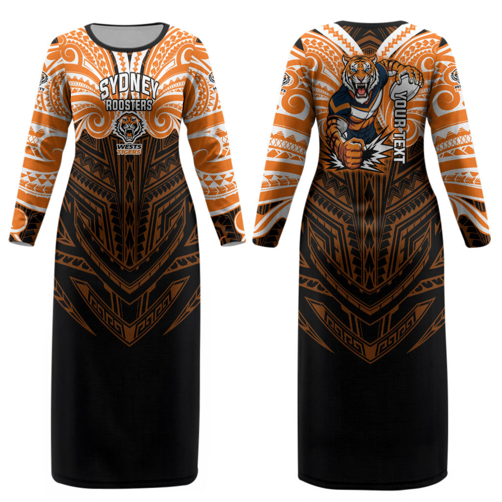 Custom Wests Tigers Couples Matching Long Sleeve Bodycon Dress and Long Sleeve Button Shirt TigerWarrior Polynesia Islander Rugby Mascot