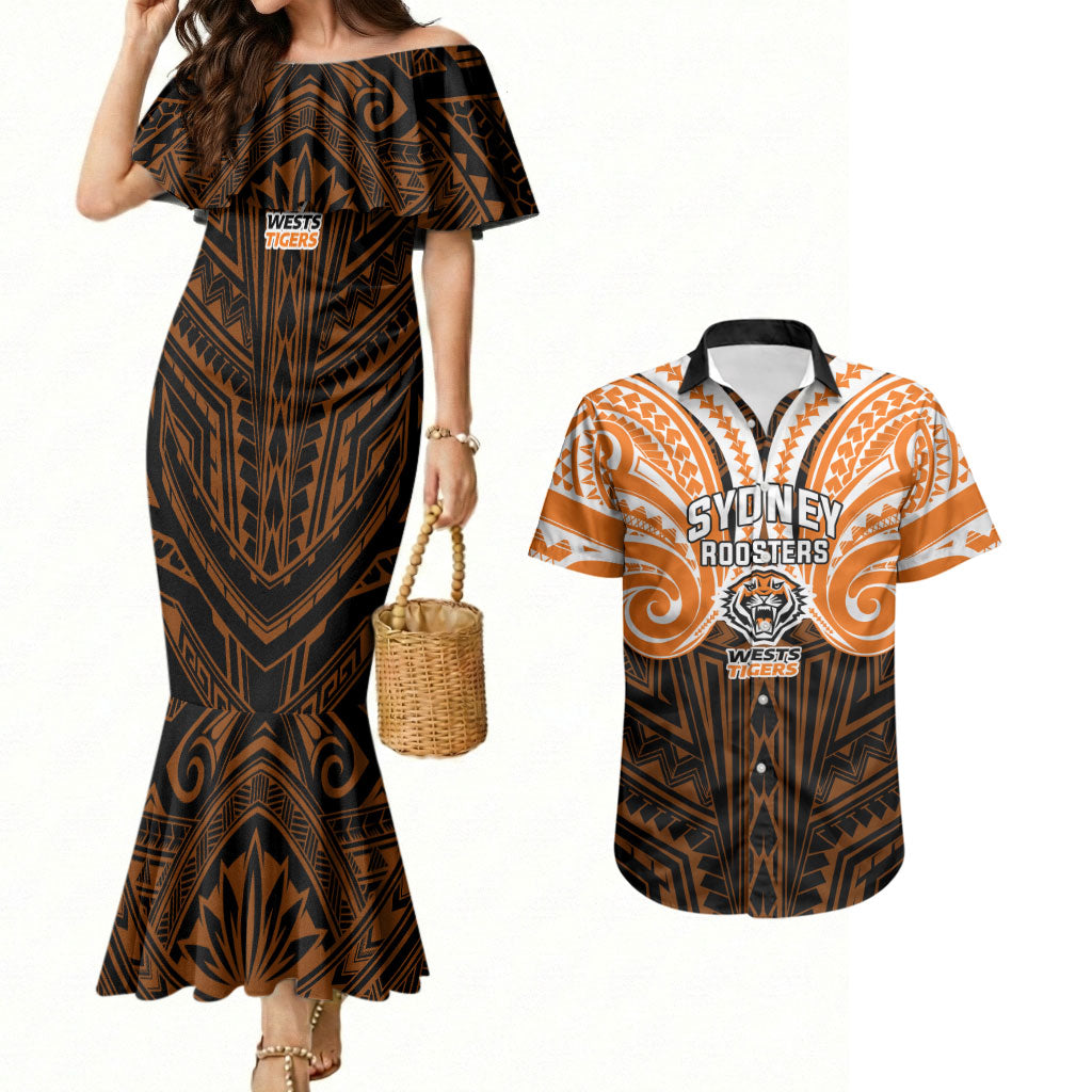 Custom Wests Tigers Couples Matching Mermaid Dress and Hawaiian Shirt TigerWarrior Polynesia Islander Rugby Mascot