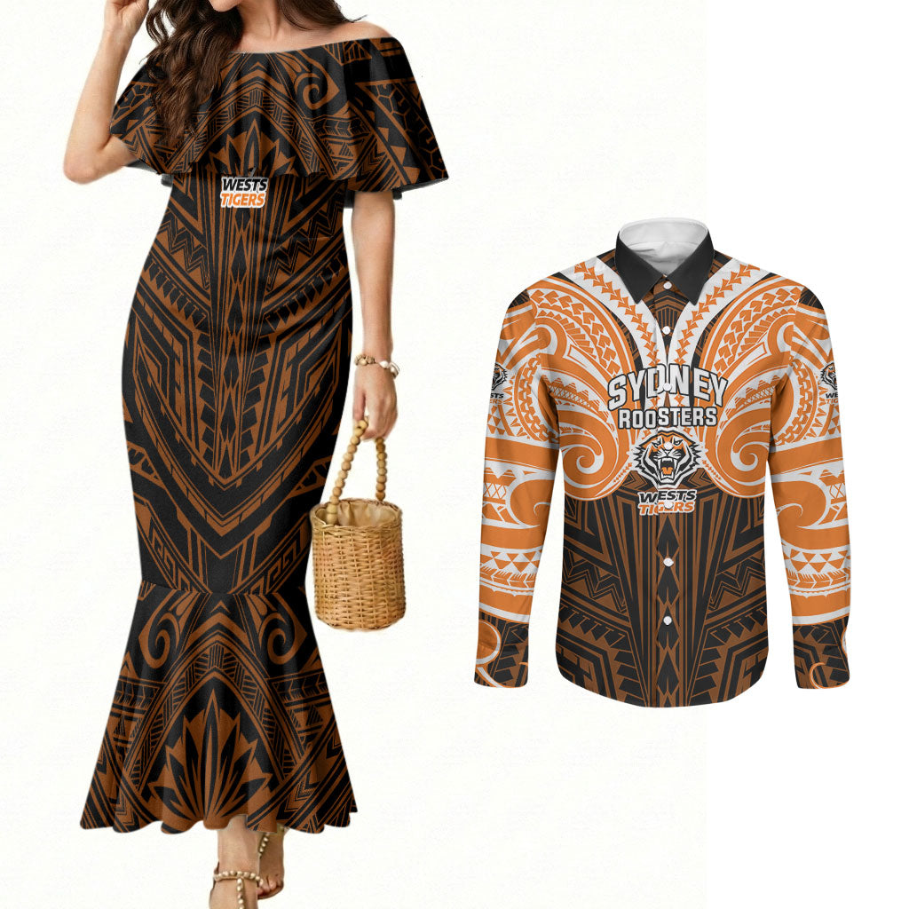 Custom Wests Tigers Couples Matching Mermaid Dress and Long Sleeve Button Shirt TigerWarrior Polynesia Islander Rugby Mascot