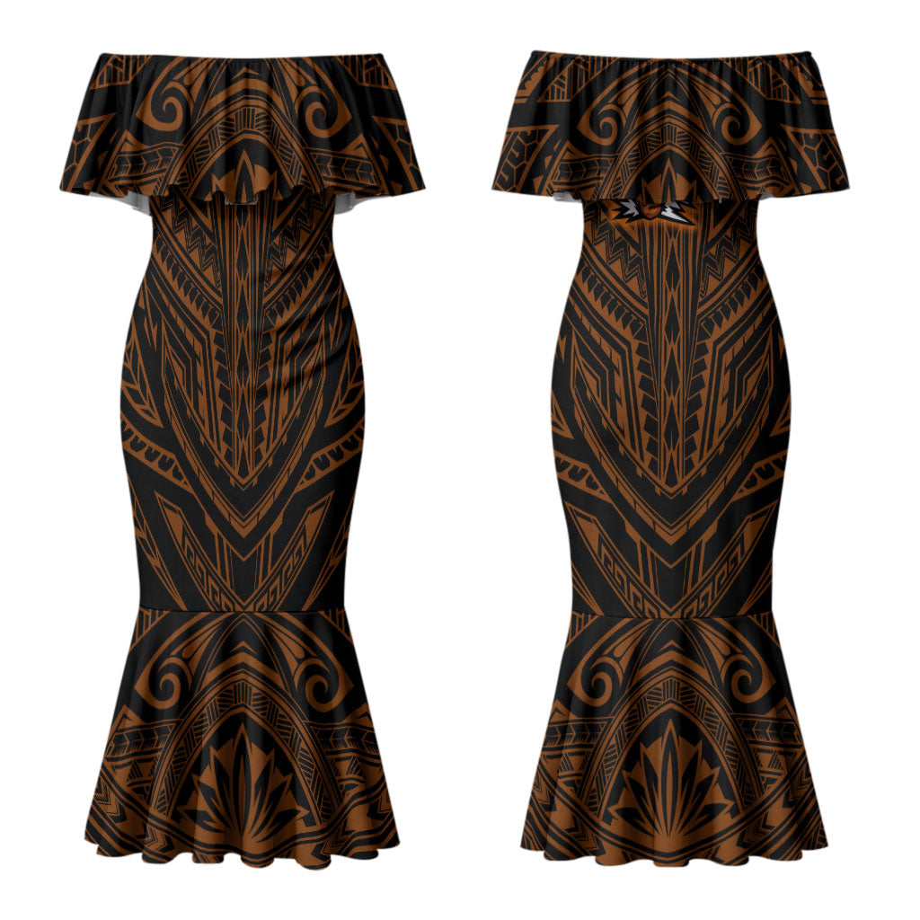 Custom Wests Tigers Couples Matching Mermaid Dress and Long Sleeve Button Shirt TigerWarrior Polynesia Islander Rugby Mascot