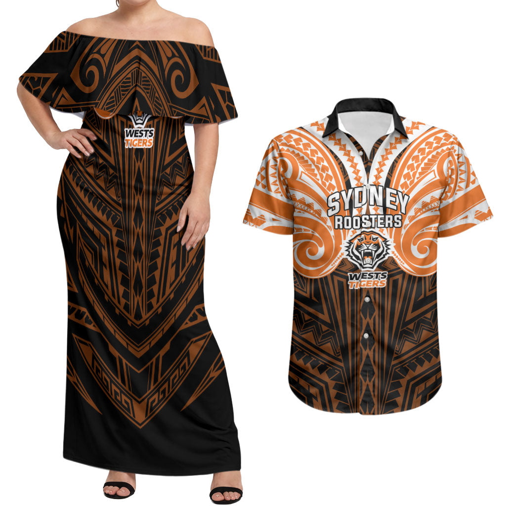 Custom Wests Tigers Couples Matching Off Shoulder Maxi Dress and Hawaiian Shirt TigerWarrior Polynesia Islander Rugby Mascot