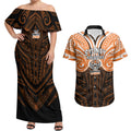 Custom Wests Tigers Couples Matching Off Shoulder Maxi Dress and Hawaiian Shirt TigerWarrior Polynesia Islander Rugby Mascot