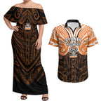 Custom Wests Tigers Couples Matching Off Shoulder Maxi Dress and Hawaiian Shirt TigerWarrior Polynesia Islander Rugby Mascot