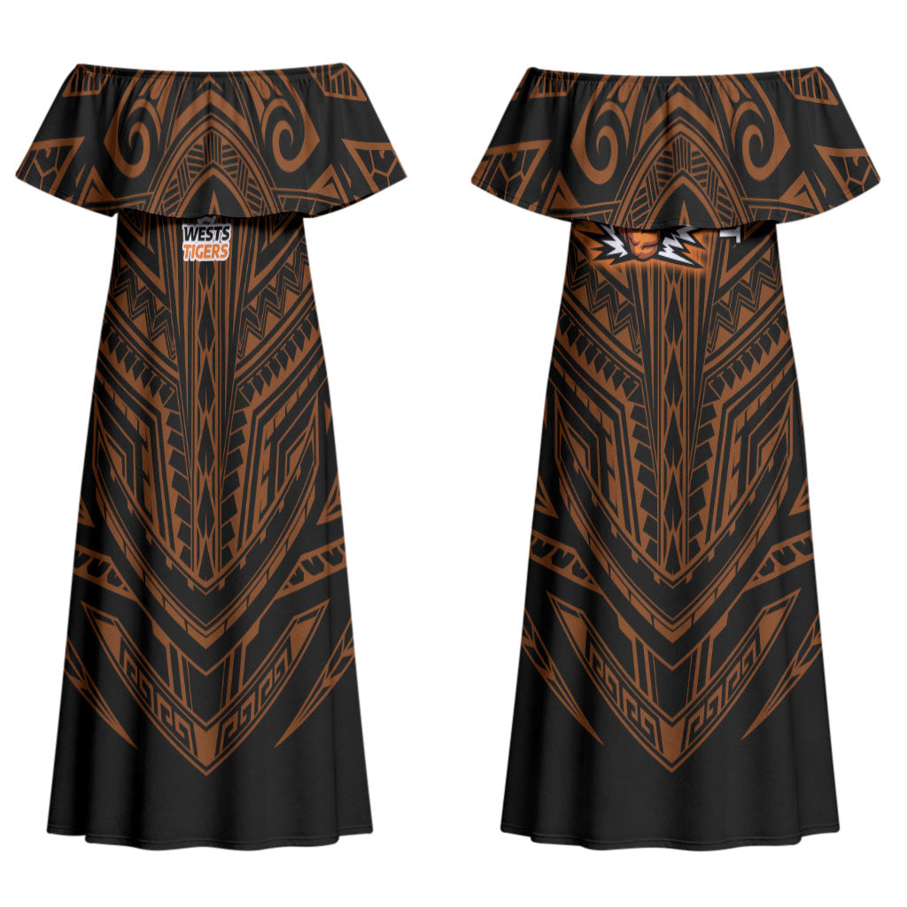 Custom Wests Tigers Couples Matching Off Shoulder Maxi Dress and Hawaiian Shirt TigerWarrior Polynesia Islander Rugby Mascot